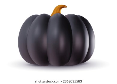 Realistic vector black pumpkin isolated on white background. Cute cartoon element in 3d glossy style. Funny plastic child toy or decoration. Modern mimimal illustration.