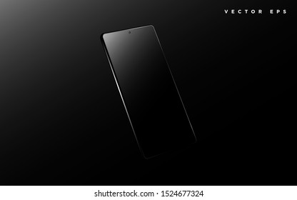 Realistic vector black smartphone cellphone mockup template with blank screen on dark black background.