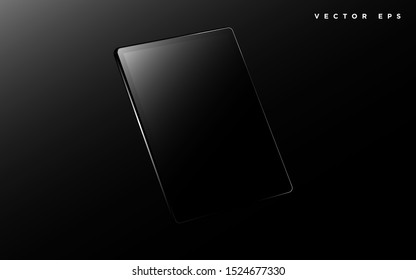 Realistic vector black tablet pc mockup template with blank screen on dark black background.