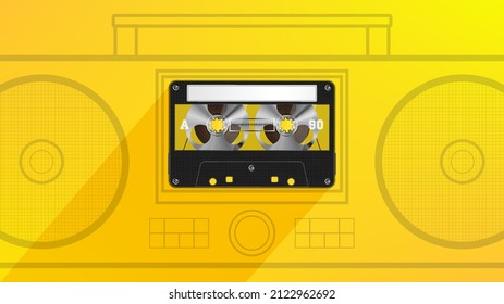 Realistic vector black vintage plastic audio cassette tape on a bright yellow background