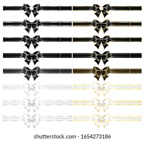 Realistische Vektorillustration schwarz-weißer Schleifen und Bänder mit Golden, silberner Ingwer, Edelsteine, glänzender einzeln auf weißem Hintergrund. Feste Bogen eignen sich perfekt für die Erstellung von Geschenkkarten, Hochzeitskarten und Geschenkgutscheinen