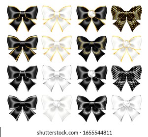 Realistische Vektorillustration schwarz-weißer Bogen mit Golden, Silberbesen, Edelsteine, Glitter einzeln auf weißem Hintergrund. Feste Bogen eignen sich perfekt für die Erstellung von Geschenkkarten, Hochzeitskarten und Geschenkgutscheinen
