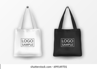 Realistic vector black and white empty textile tote bag icon set. Closeup isolated on white background. Design templates for branding, mockup. EPS10.