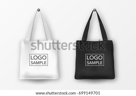 Realistic vector black and white empty textile tote bag icon set. Closeup isolated on white background. Design templates for branding, mockup. EPS10.