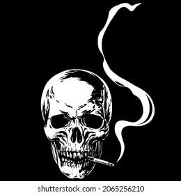 Realistic vector black and white illustration of a skull smoking a cigarette