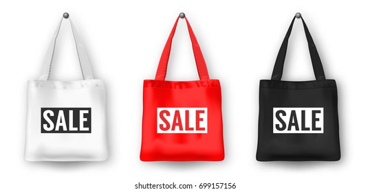 Realistic Vector Black, White And Red Empty Textile Shopping Tote Bag Icon Set, With Word SALE. Closeup Isolated On White Background. Design Templates For Advertise, Branding, Mockup. EPS10.