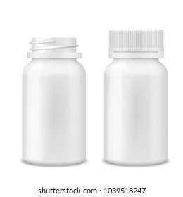 Realistic Vector Blank Medicine Opened And Closed Medical Plastic Bottle With Tablets Pills, Tablets, Drug Of Painkillers, Antibiotics, Vitamins Isolated On White Background. Health Care Medical