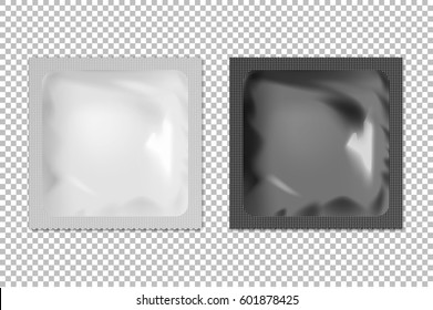 Realistic vector blank white and black foil wet wipes, food packing or condom template set isolated. EPS10.
