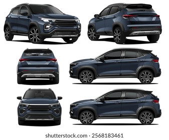 Realistic Vector Blue Car SUV Isolated in transparent background, with gradients and in front, back, side view	