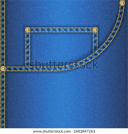 Realistic vector blue denim jeans fabric front pocket with yellow stitching, rivets, and seam detail, textile background for tailoring, sewing, clothing, fashion and garment design.