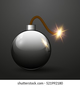 Realistic Vector bomb with burning fuse on dark background