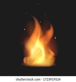 Realistic vector bonfire. Flame. Burning logs. Element for the design of hiking and outdoor recreation.