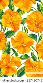Realistic, vector botanical background with yellow pansies flowers, hand-drawn viola vertical background. Template for social networks, phone cases, desktop, screen lock storiz and advertising.