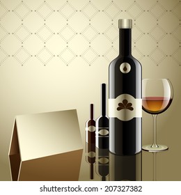 Realistic vector bottles. glass and reflection luxury style with paper triangle for reserve on table.