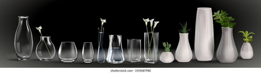 Realistic vector. Bouquet of flowers in a glass of water. Empty glass vase realistic mockup - isolated 3D crystal cup for flowers or cold beverage with rounded shape