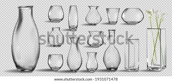 Realistic vector. Bouquet of\
flowers in a glass of water. Empty glass vase realistic mockup -\
isolated 3D crystal cup for flowers or cold beverage with rounded\
shape