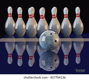 Realistic vector bowling ball and pins.