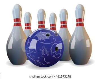 Realistic vector bowling ball and six pins.