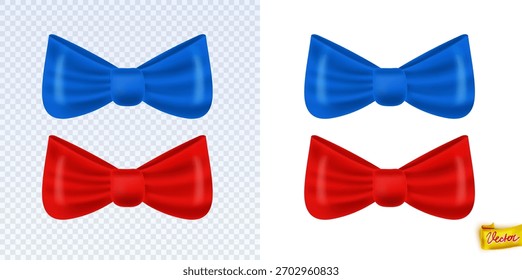 Realistic vector bows in bright blue and red colors. Glossy decorative elements perfect for gifts, festive designs, branding, holiday cards, packaging, and seasonal graphic