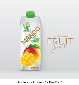  Vector realista. Presentación de diseño de marca. Jugo de mango. Paquete de plantilla Diseño jugo de mango. Resumen Marca de jugo de mango. caja de jugo.