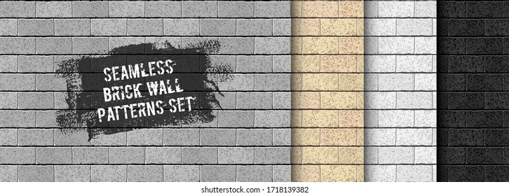 Realistic Vector brick wall seamless pattern set. Yellow sand, gray, black brick texture background collection for print, paper, design, decor, photo background