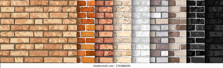 Realistic Vector brick wall seamless pattern set. Flat wall texture. Yellow, gray, red, white, black textured brick background for print, paper, design, decor, photo background