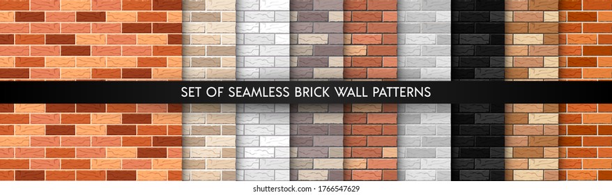 Realistic Vector brick wall seamless pattern set. Flat wall textures collection. Yellow, gray, red, white, black textured brick background for print, paper, design, decor, photo background.