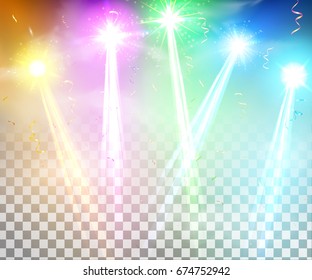 Realistic vector bright projectors with smoke light effect for scene lighting isolated.  
