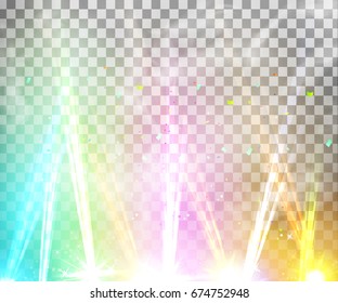 Realistic vector bright projectors with smoke light effect for scene lighting isolated. Vector 