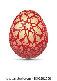 Realistic vector bright red Easter egg with golden decorative floral branch and shadow