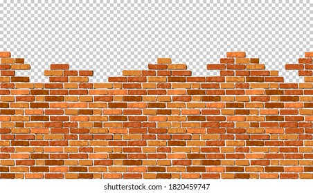 Realistic Vector broken horizontal brick wall with transparent background. Destroyed flat red wall texture. Brown textured brickwork for print, design, decor, background, banner, ad.