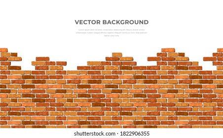 Realistic Vector broken horizontal brick wall background with text. Destroyed flat red wall texture. Brown textured brickwork for print, design, decor, advert, banner, flyer