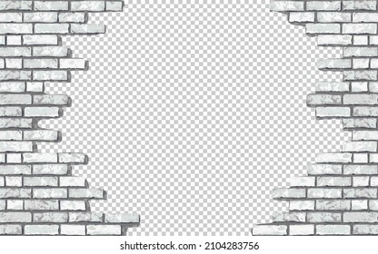 Realistic Vector broken white brick wall with transparent background. Hole in flat gray stone wall texture. Grey textured destroyed brickwork for print, design, decor, background, banner, advert.