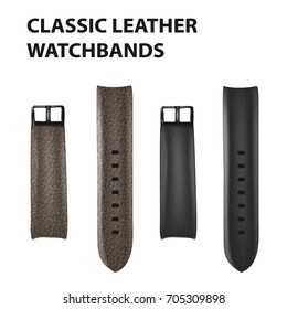 Realistic vector brown and black watchbands (straps) with leather texture