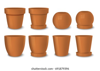 Realistic Vector Brown Empty Flower Pot Set. Closeup Isolated On White Background. Design Template For Branding, Mockup. EPS10.