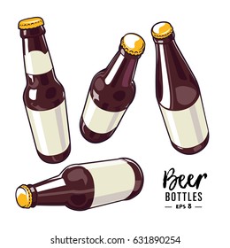 Realistic vector brown glass  beer bottles set