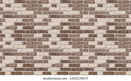 Realistic vector brown and grey brick wall pattern horizontal background. Flat old beige wall texture. Grunge textured brickwork for print, paper, design, decor, photo background, wallpaper