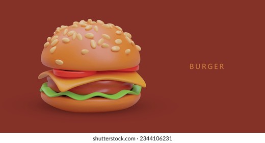 Realistic vector burger. Round bun with filling and sesame sprinkle. Classic hot fast food. Appetizing food with meat, cheese, vegetable fillings. Color banner with text