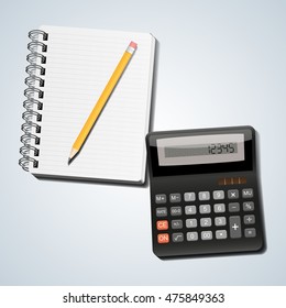Realistic vector calculator, notebook and pencil. Business background