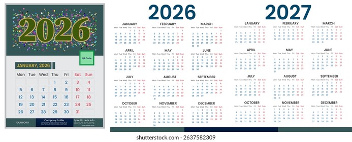 Realistic vector calendar design 2026, 2027 year. Calendar illustration template design for 2026 and 2027 year. Monthly calendar layout for 2026 and 2027 year and week start on Monday