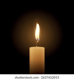 Realistic Vector Candle Flame Clipart on Black Background. Single Wax Pillar Candle with Soft Warm Glow and Flickering Flame, Ambient Lighting Design Template for Web, Print, Logo Design