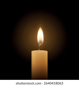 Realistic Vector Candle Flame Clipart on Black Background. Single Wax Pillar Candle with Soft Warm Glow and Flickering Flame, Ambient Lighting Design Template for Web, Print, Logo Design