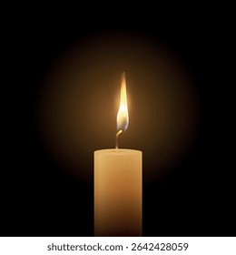 Clipart de chama de vela de vetor realista no fundo preto. Vela de pilar de cera única com brilho quente suave e chama cintilante, modelo de projeto de iluminação ambiente para Web, impressão, design de logotipo