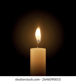 Realistic Vector Candle Flame Clipart on Black Background. Single Wax Pillar Candle with Soft Warm Glow and Flickering Flame, Ambient Lighting Design Template for Web, Print, Logo Design