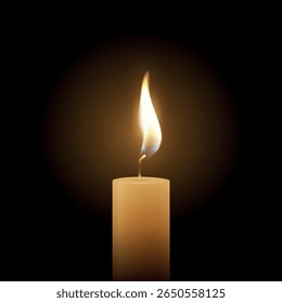 Clipart de chama de vela de vetor realista no fundo escuro. Vela de pilar de cera única com brilho quente suave e chama cintilante, modelo de projeto de iluminação ambiente para Web, impressão, design de logotipo