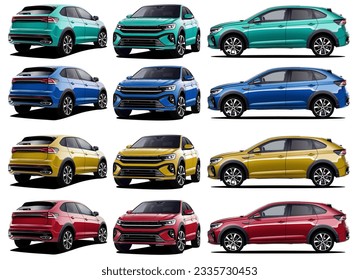 Realistic Vector Car Collection Colored in Green, Blue, Yellow and Red Car SUV with Gradients  in manual tracing with Front back and side view