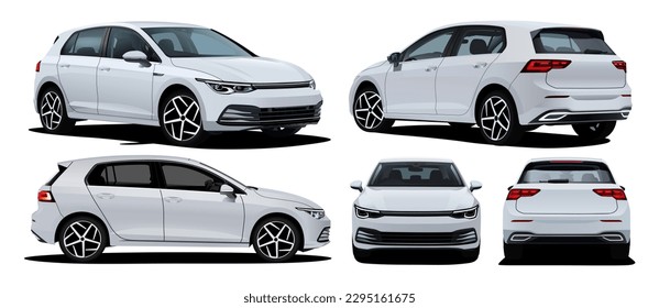 Realistic Vector Car hatchback Isolated White color and 3d perspective with transparency gradients with front, back, side view	 - Shutterstock ID 2295161675