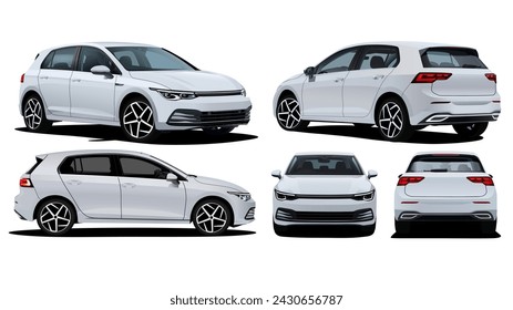 Realistic Vector Car hatchback Isolated White color and 3d perspective with transparency gradients with front, back, side view