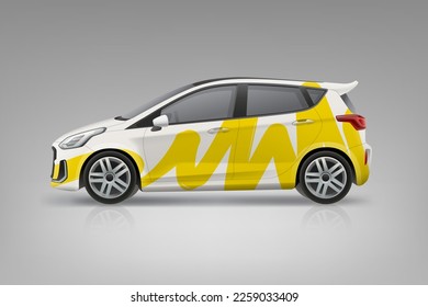 Vector realista Parodias de coche con marca y diseño de identidad corporativa. Gráficos abstractos de franja amarilla para el coche de entrega. Plantilla de vector editable