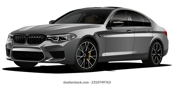 Realistic Vector Car Sedan Isolated Silver color and 3d perspective with transparency gradients with front isometric view